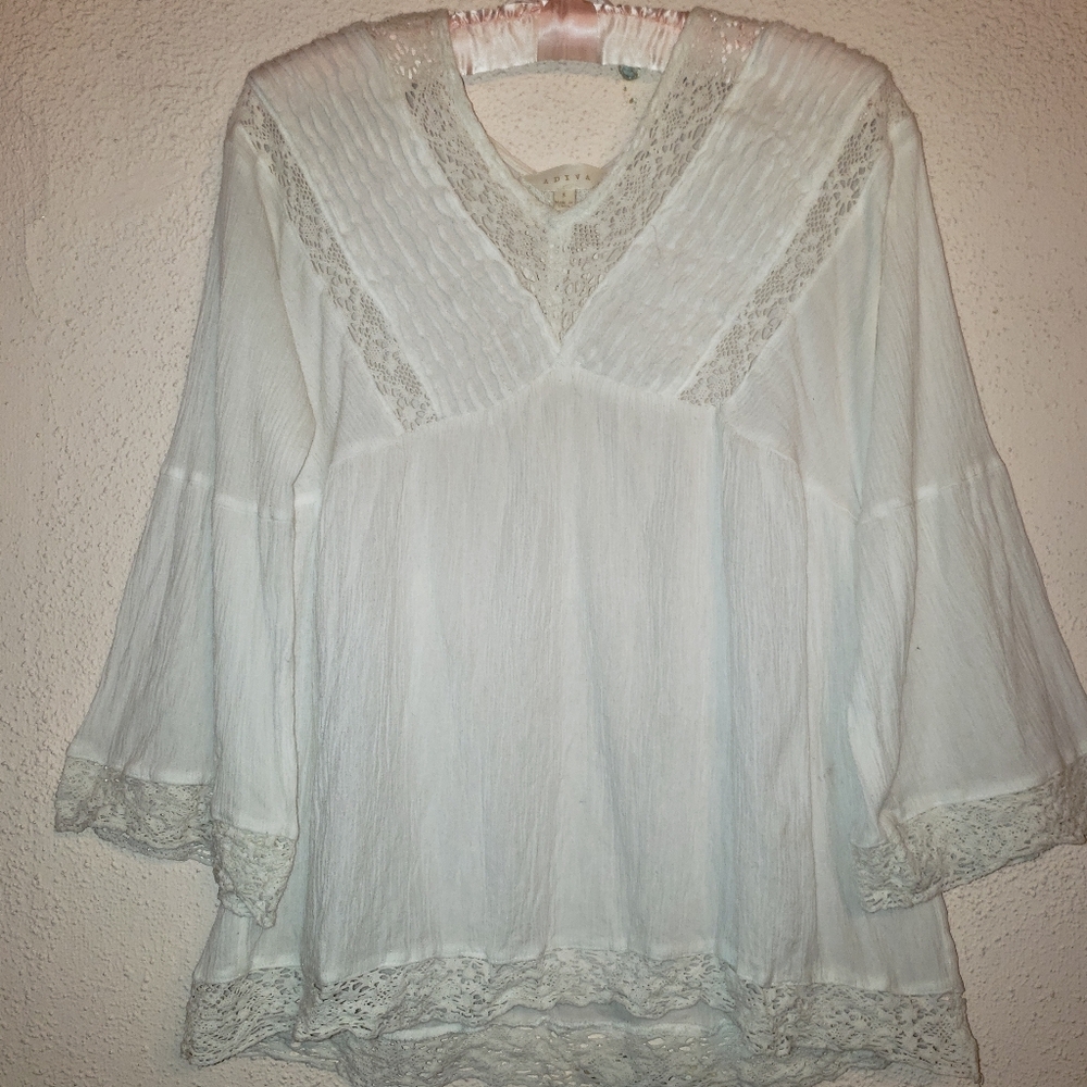 ADIVA Anthropologie White Lacy Crochet Lace Boho Peasant Romantic Top Size S